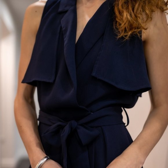 BOHO Navy Notched Collar Wide Leg Jumpsuit - Picture 4 of 6